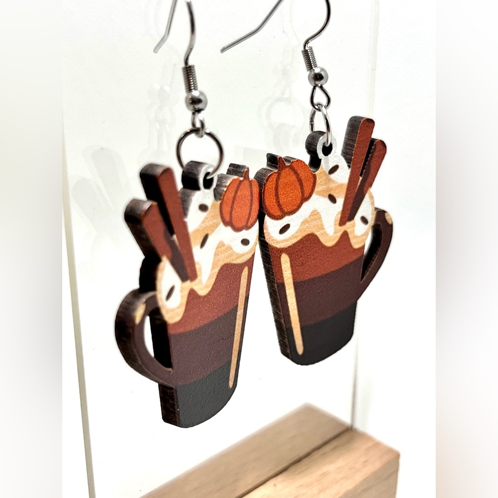 NWT Pumpkin Spice Latte Drop Dangle Earrings Lightweight Wood Fall Autumn - Picture 2 of 11